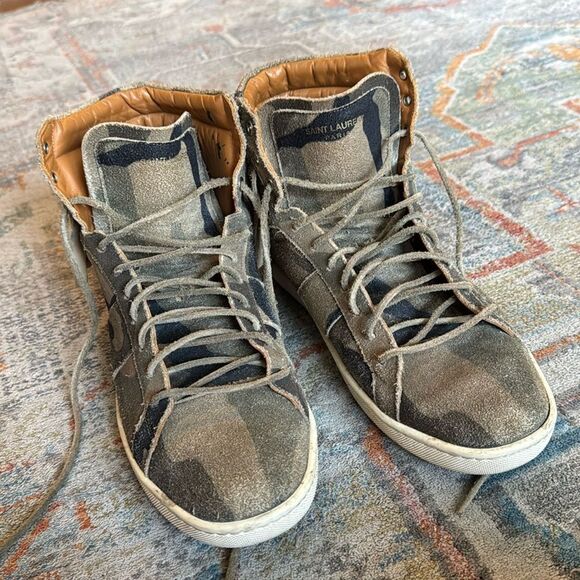Saint Laurent Camo Suede Fringe-Detail High-Top Sneaker Sz. 11 (44) - Picture 1 of 10